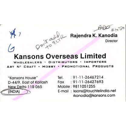 Kansons Overseas Ltd Rajendra K Kanodia New Delhi India Business Card SC9-B11