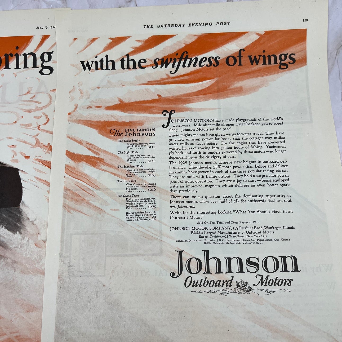 Johnson Outboard Motors 2 Pages 1928 Original Magazine Advertisement FL6-8