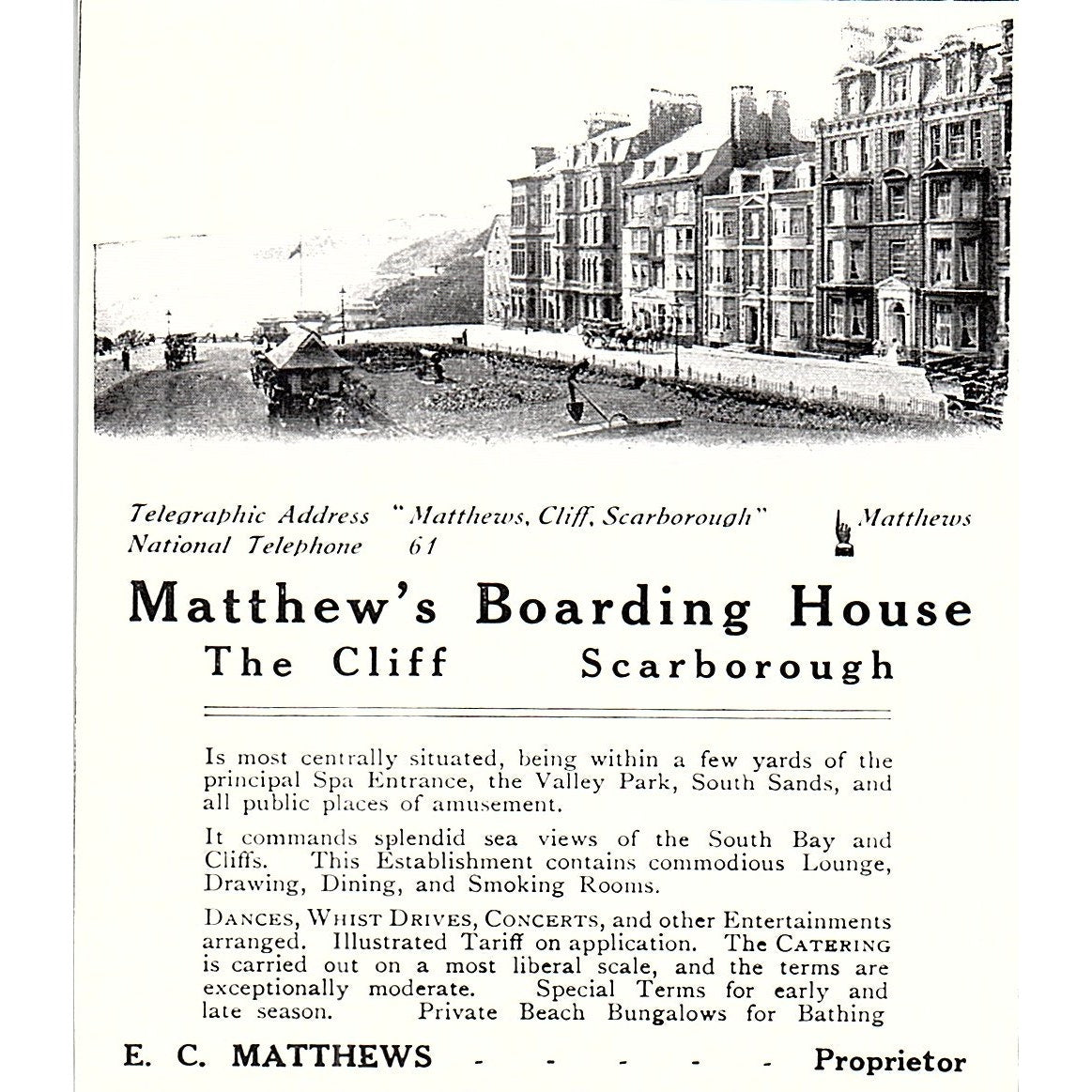 Matthew's Boarding House The Cliff E.C. Matthews Scarborough c1910 Ad AF3-Q3