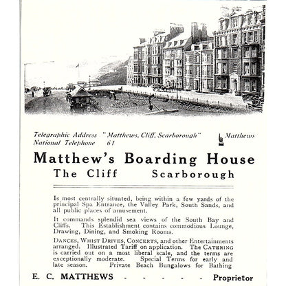 Matthew's Boarding House The Cliff E.C. Matthews Scarborough c1910 Ad AF3-Q3
