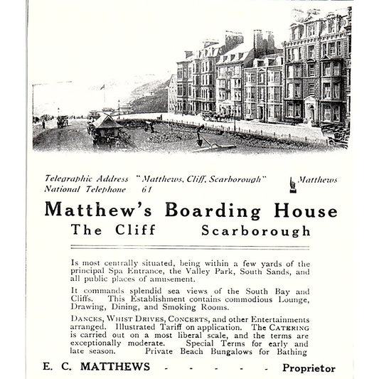 Matthew's Boarding House The Cliff E.C. Matthews Scarborough c1910 Ad AF3-Q3