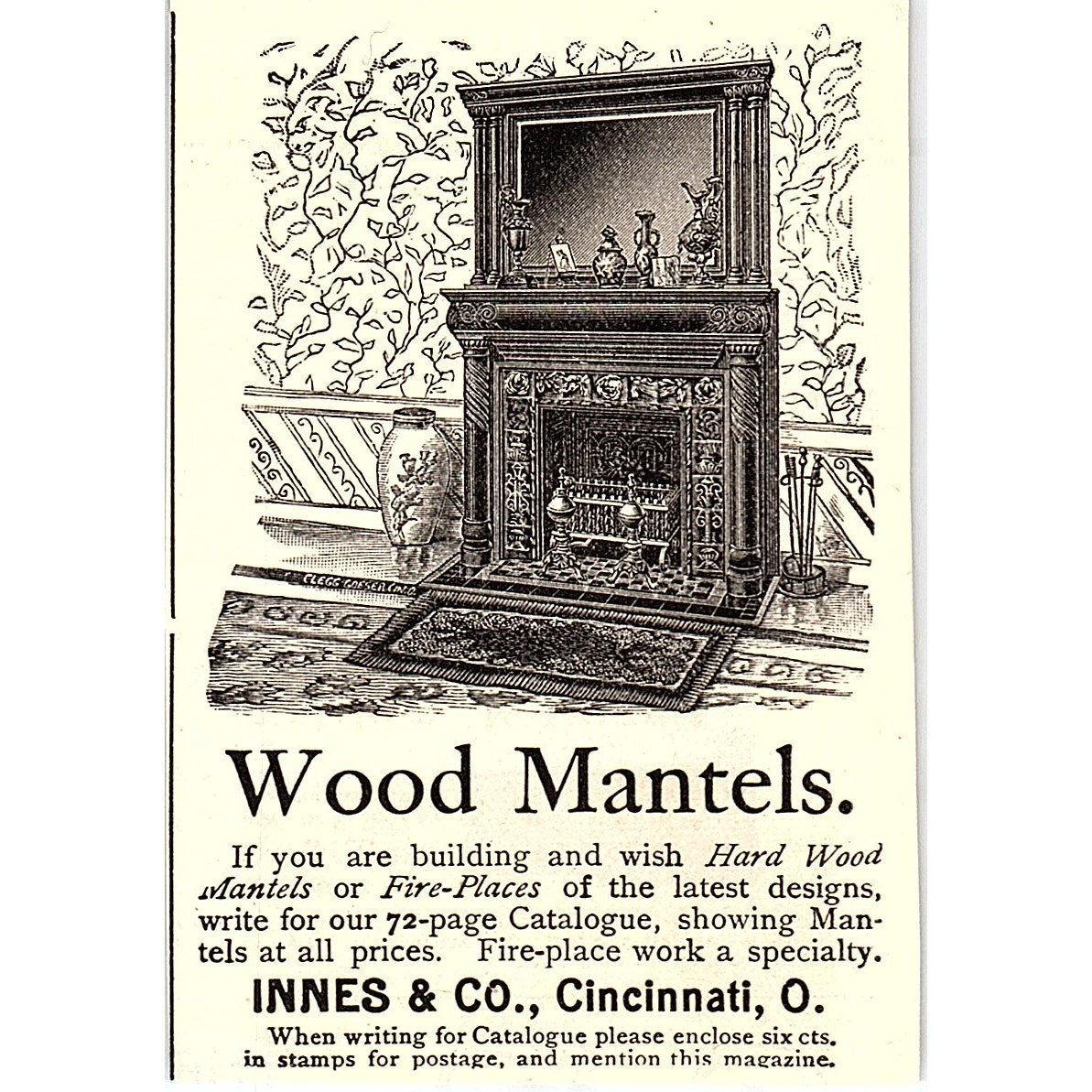 Innes & Co Wood Mantels, Fire Places Cincinnati Ohio 1892 Ad AG2-M11