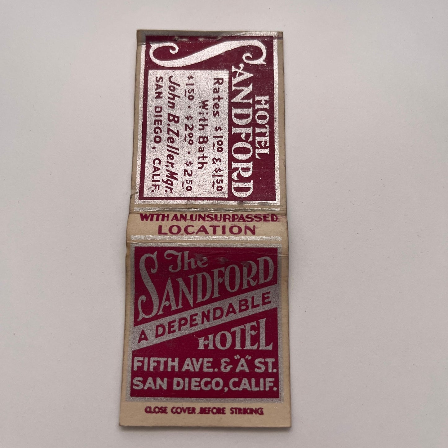 The Sandford Hotel Fifth Ave San Diego CA Vintage Matchbook Cover TB8-MB-3