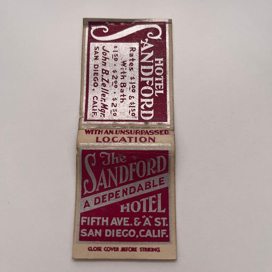 The Sandford Hotel Fifth Ave San Diego CA Vintage Matchbook Cover MM3-4