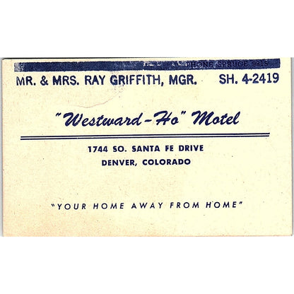 1950s Westward-Ho Motel Ray Griffith Denver Colorado Business Card AF9-S5
