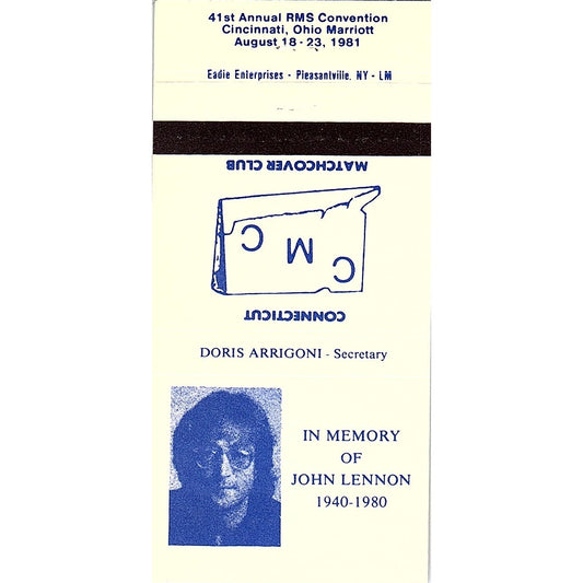 John Lennon Connecticut Matchcover Club 1993 Vintage Matchbook TB6-MB2-7