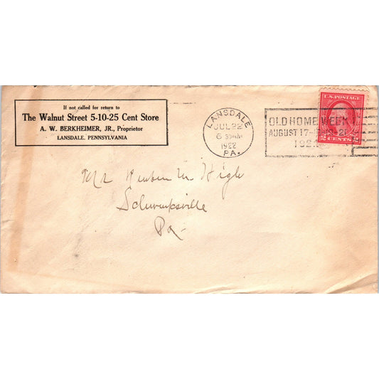 1922 Walnut Street 5-10-25 Cent Store Lansdale A.W. Berkheimer Envelope TG7-PC3