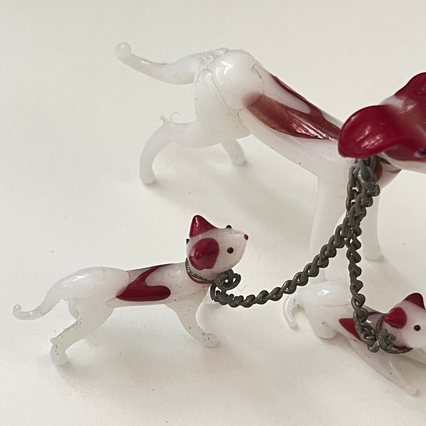 1950's Hand Blown Art Glass Dog With 2 Puppies on Chain 3" Japan SB2