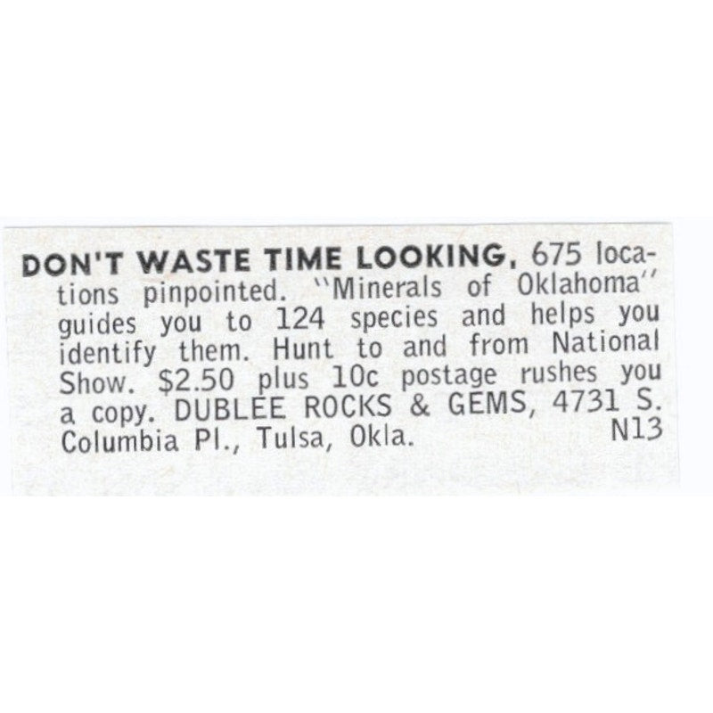 Dublee Rocks & Gems Minerals of Oklahoma Tulsa 1964 Magazine Ad AB6-LJS5