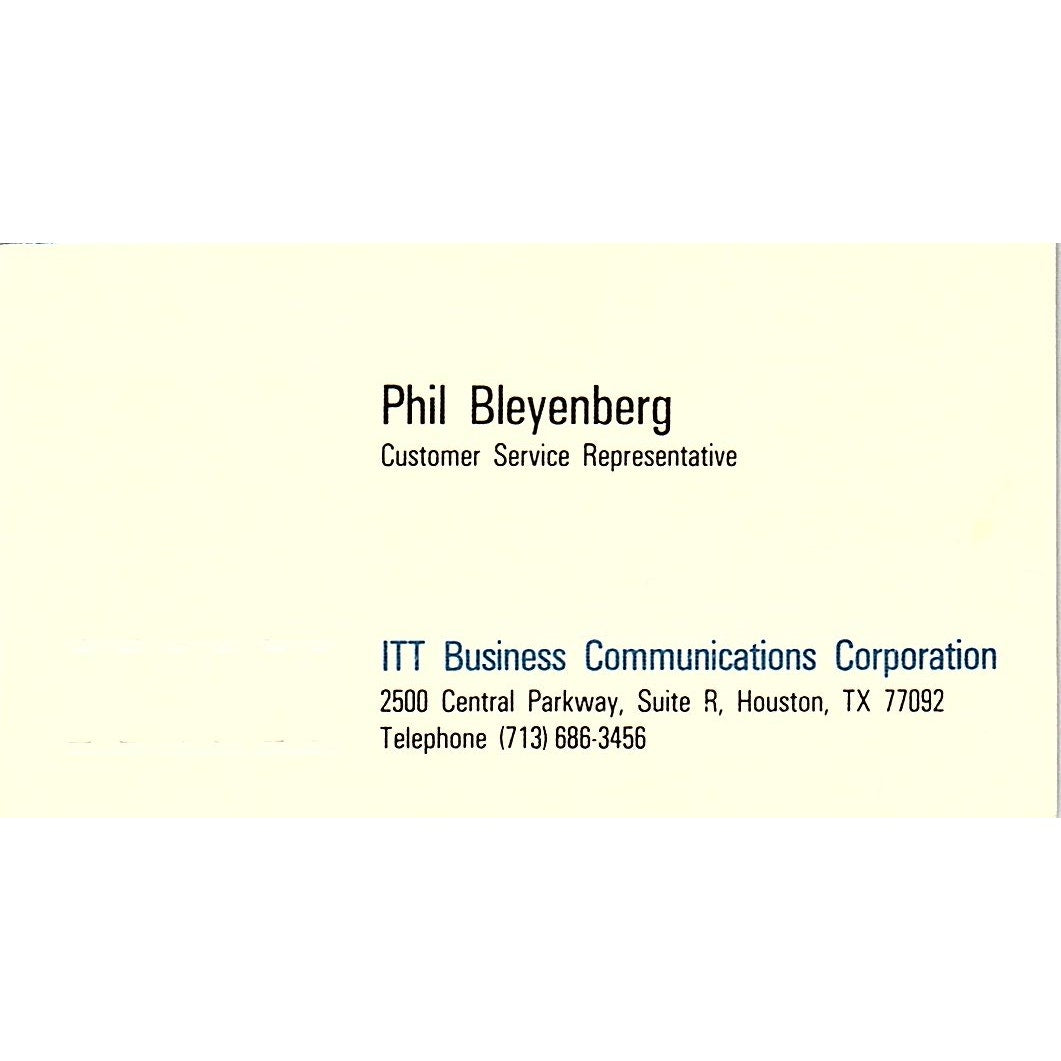 Phil Bleyenberg ITT Business Communications Houston Vtg Business Card SE3-B16
