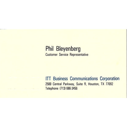 Phil Bleyenberg ITT Business Communications Houston Vtg Business Card SE3-B16