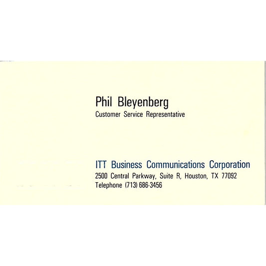 Phil Bleyenberg ITT Business Communications Houston Vtg Business Card SE3-B16