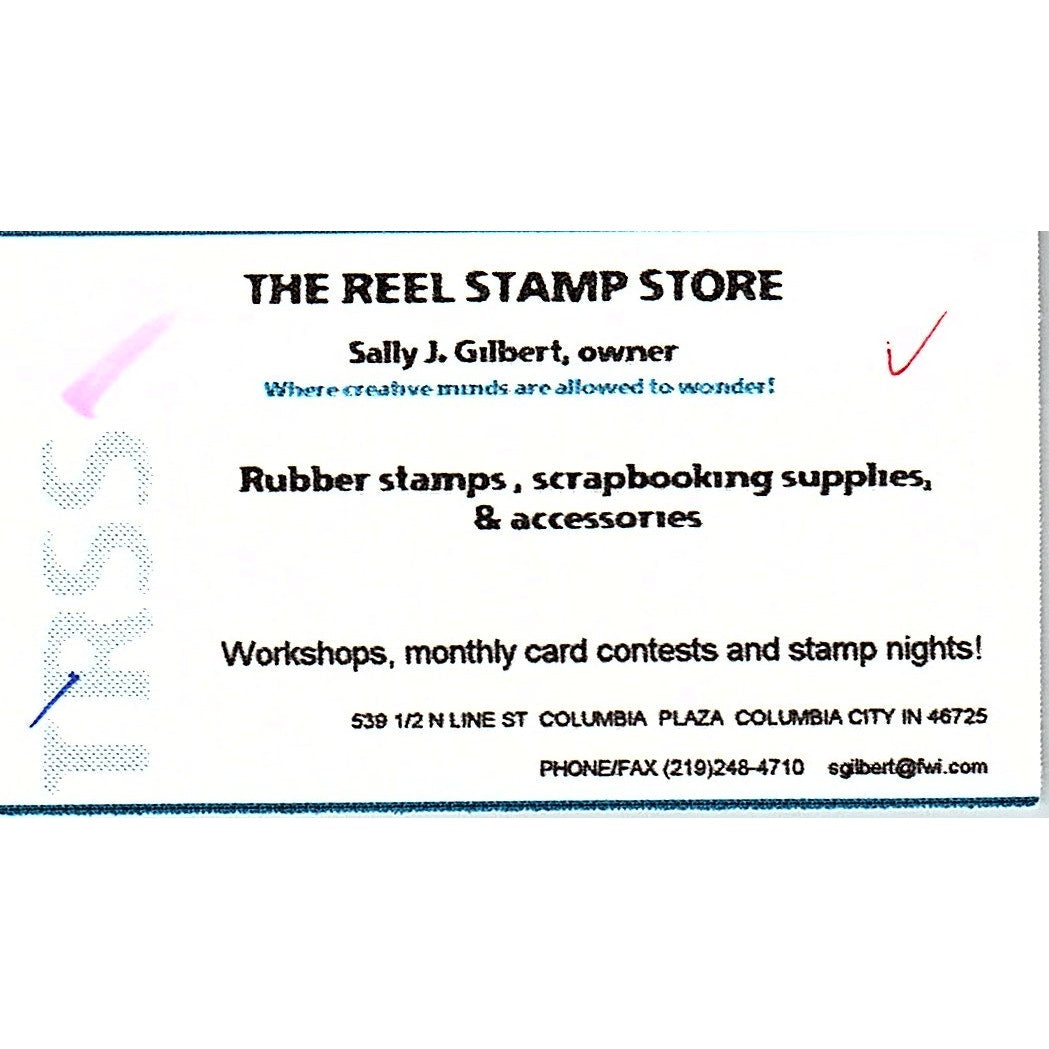 The Reel Stamp Store Sally J Gilbert Columbia City IN Vintage Business Card SC9-B11