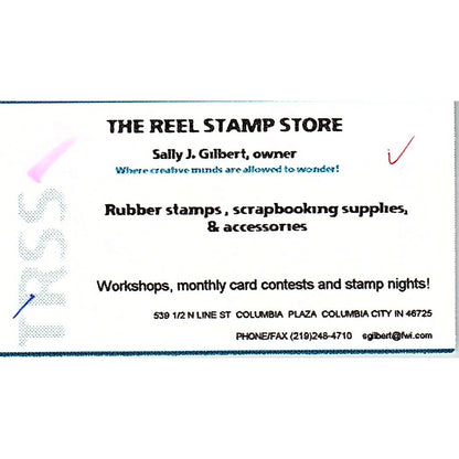 The Reel Stamp Store Sally J Gilbert Columbia City IN Vintage Business Card SC9-B11