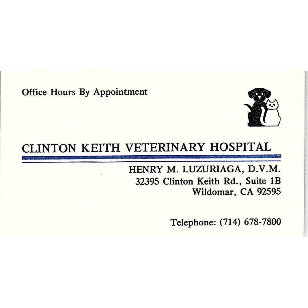Henry M Luzuriaga Clinton Keith Veterinary Wildomar CA Vtg Business Card SC9-B10