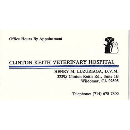 Henry M Luzuriaga Clinton Keith Veterinary Wildomar CA Vtg Business Card SC9-B10