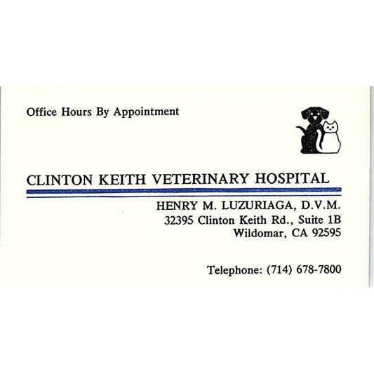 Henry M Luzuriaga Clinton Keith Veterinary Wildomar CA Vtg Business Card SC9-B10