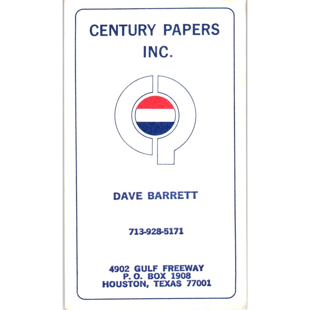 Dave Barrett Century Papers Inc Houston TX Vintage Business Card SE3-B4