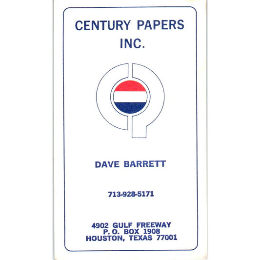 Dave Barrett Century Papers Inc Houston TX Vintage Business Card SE3-B4
