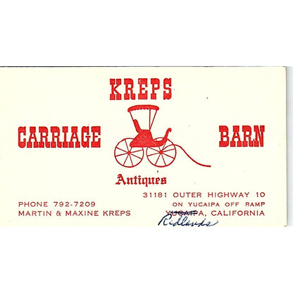 Martin & Maxine Kreps Carriage Barn Yucaipa CA Vintage Business Card SE3-B16