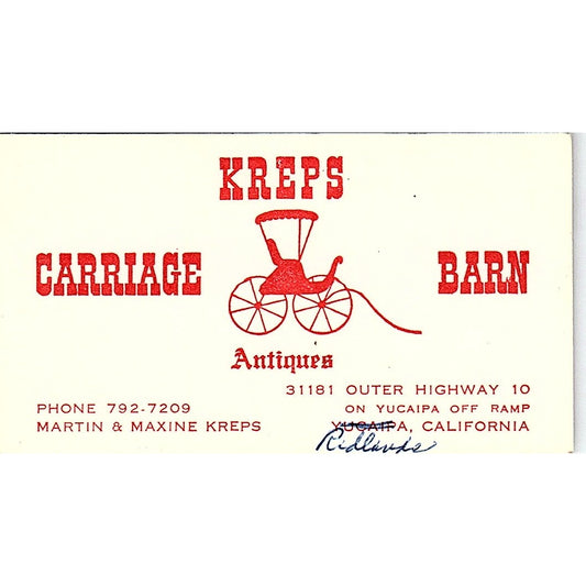 Martin & Maxine Kreps Carriage Barn Yucaipa CA Vintage Business Card SE3-B16