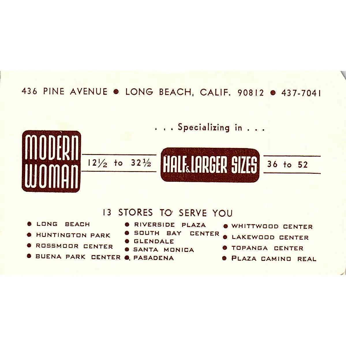 Modern Woman Half & Larger Sizes Long Beach CA Vintage Business Card ML1-6