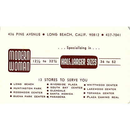 Modern Woman Half & Larger Sizes Long Beach CA Vintage Business Card ML1-6