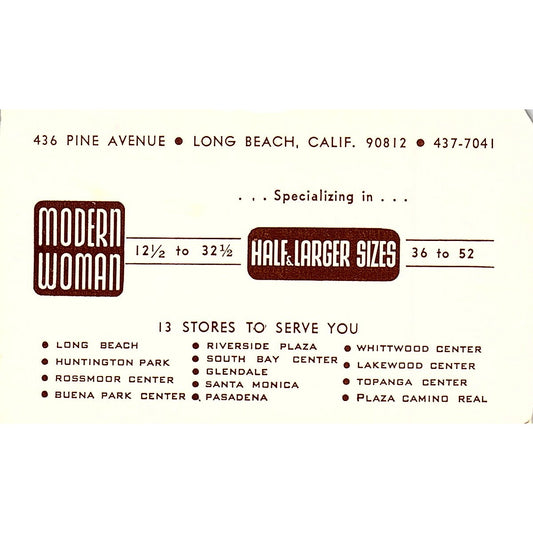 Modern Woman Half & Larger Sizes Long Beach CA Vintage Business Card ML1-6