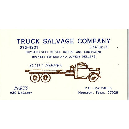 Scott McPhee Truck Salvage Company Houston Vintage Business Card SC9-B2