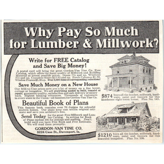 Gordon-Van Tine Co Lumber Millwork Davenport IA 1913 Magazine Advert AE7-N7