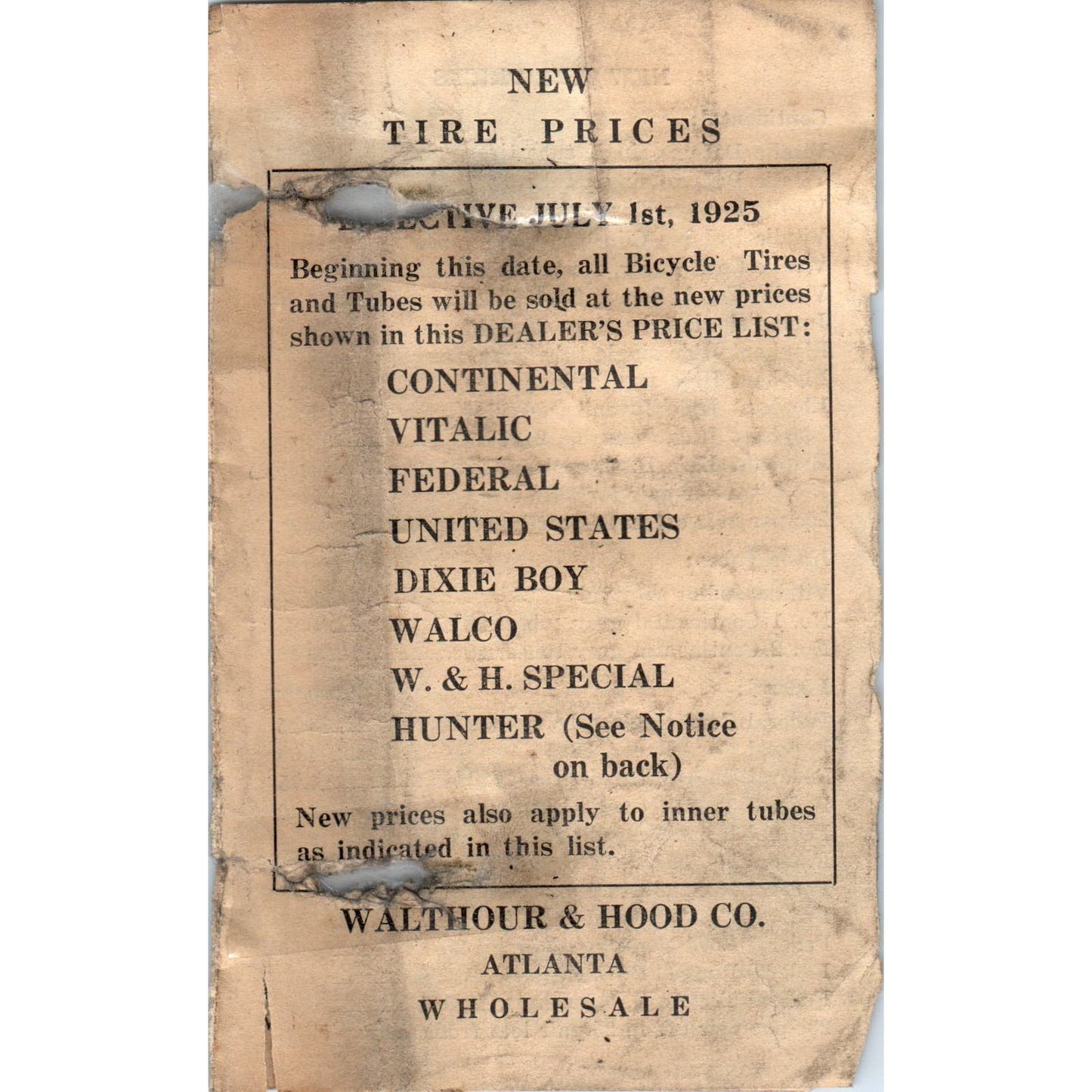 1925 Walthour & Hood Co. Atlanta GA Wholesale Tire Prices List AE6