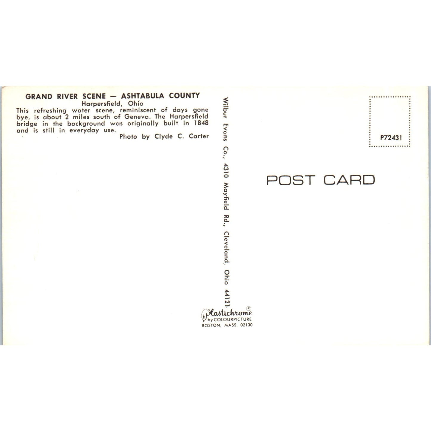 Harpersfield Bridge & Fishing Ashtabula County OH Covered Bridge Postcard PC17