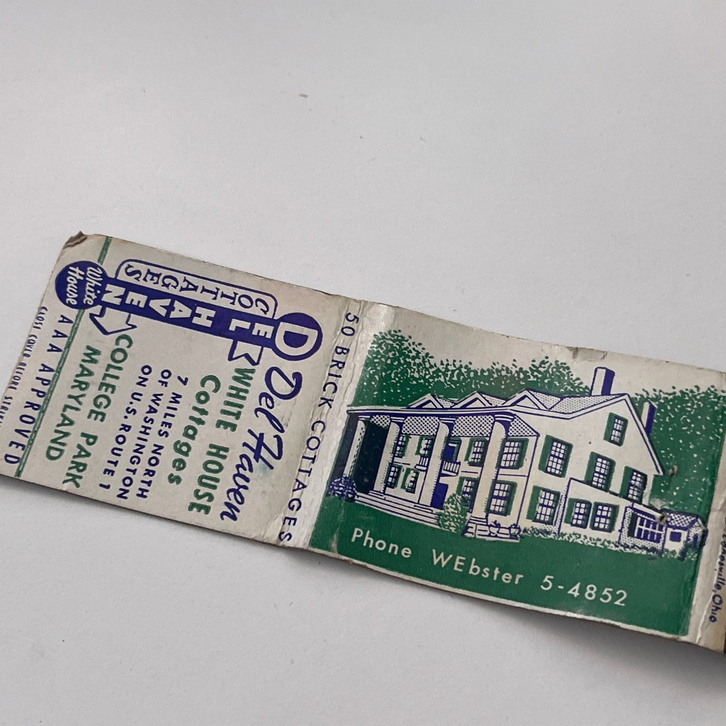 Del Haven White House Cottages College Park MD Vintage Matchbook Cover MM3-2