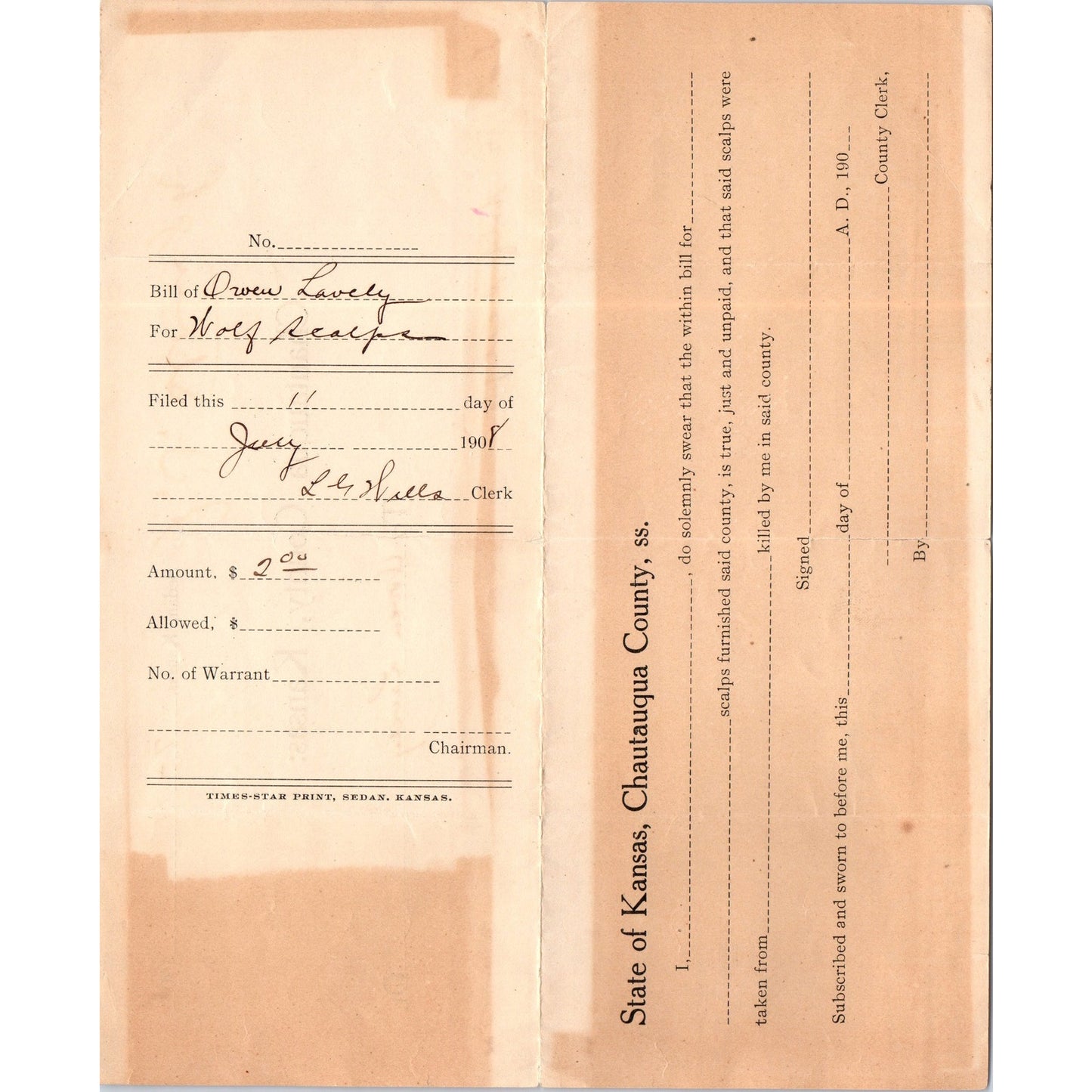 1908 Sedan Kansas Chautauqua County Receipt for Wolf Scalps Owen Lavely AD8-R4