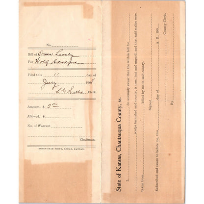 1908 Sedan Kansas Chautauqua County Receipt for Wolf Scalps Owen Lavely AD8-R4