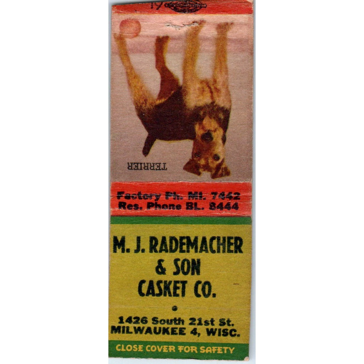 M.J. Rademacher & Son Casket Co Milwaukee WI Vintage Matchbook Cover SD2-Y7