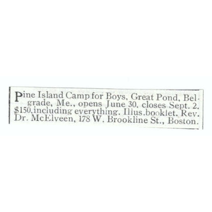 Pine Island Boys Camp Great Pond Belgrade ME Dr. McElveen 1903 Ad AF7-SS2