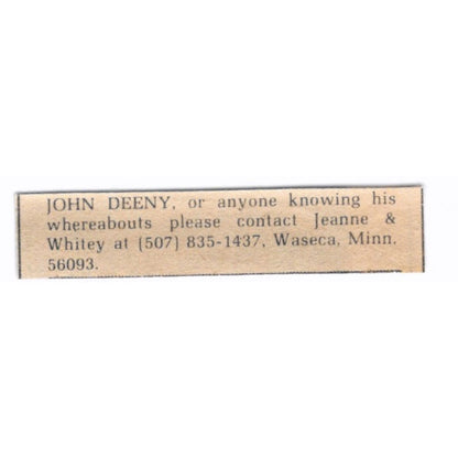 John Deeny Missing Person Jeanne & Whitey Waseca MN - 1/2x2 1974 Ad AF6-S7