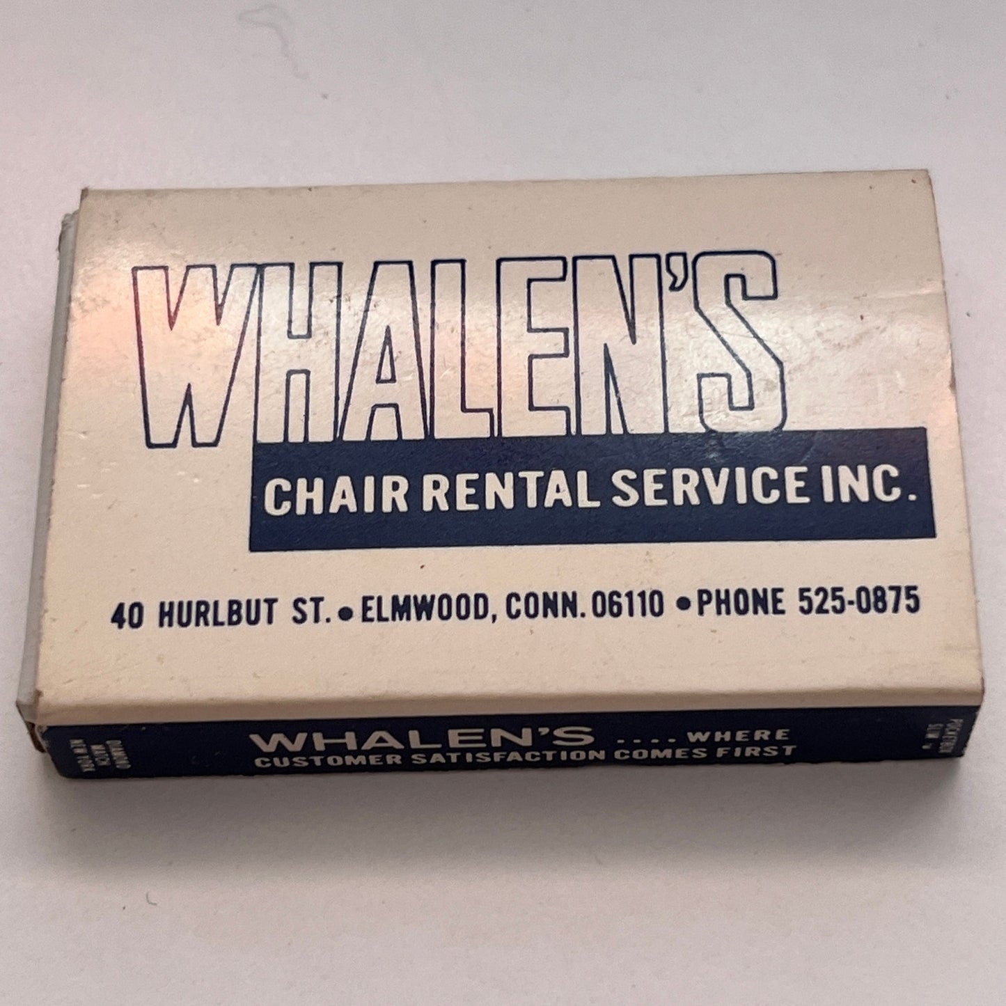 Whalen's Chair Rental Service Inc Elmwood CT Vintage Matchbox TB6-MB3