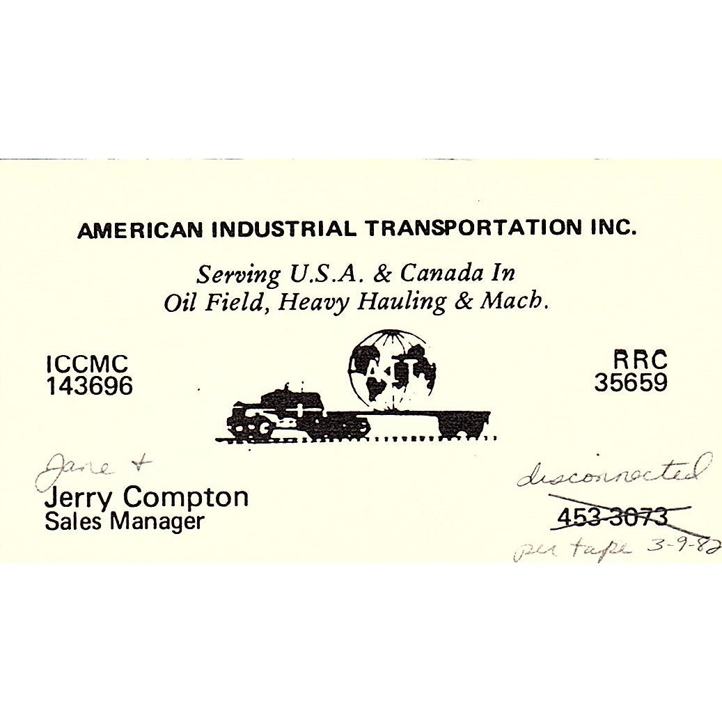 American Industrial Transportation Jerry Compton Vintage Business Card SB4-B5