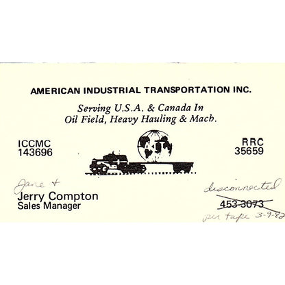 American Industrial Transportation Jerry Compton Vintage Business Card SB4-B5