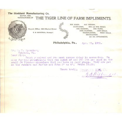 1901 The Tiger Line of Farm Implements Philadelphia Letterhead Billhead D11