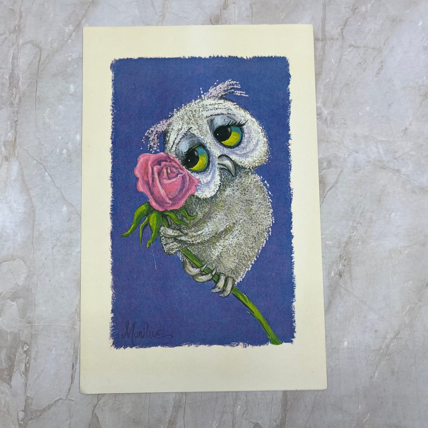 Vintage Kitschy Big Eyed Owl With Flower Print by Marilue 8.5x5.5" TI9-P4