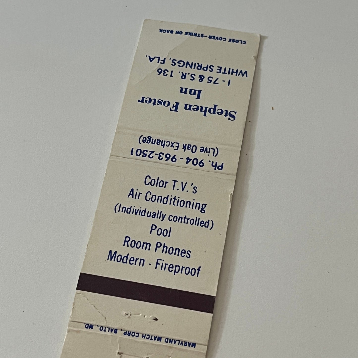 Stephen Foster Inn White Springs Florida Vintage Matchbook TB6-MB2-6