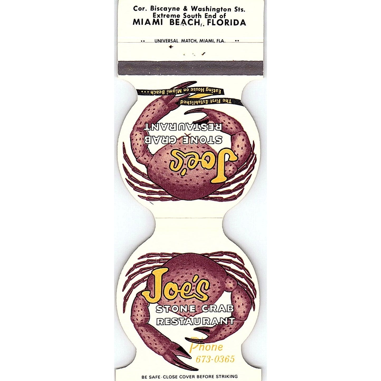 Joe's Stone Crab Restaurant Miami Beach FL Vintage Matchbook TB6-MB2-8