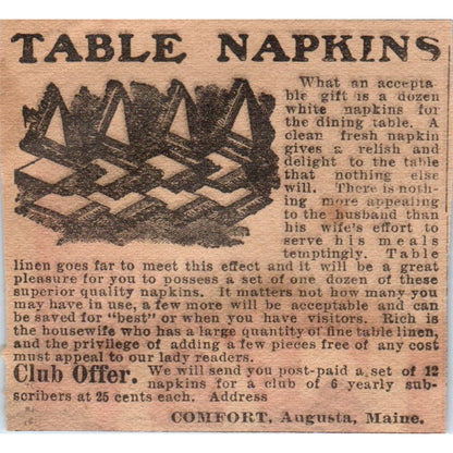 Table Napkins Comfort Augusta Maine 1910 Magazine Ad AF1-CM2