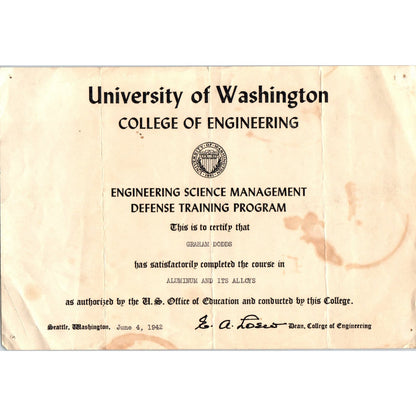 1942 University of Washington College of Engineering Certificate AE6