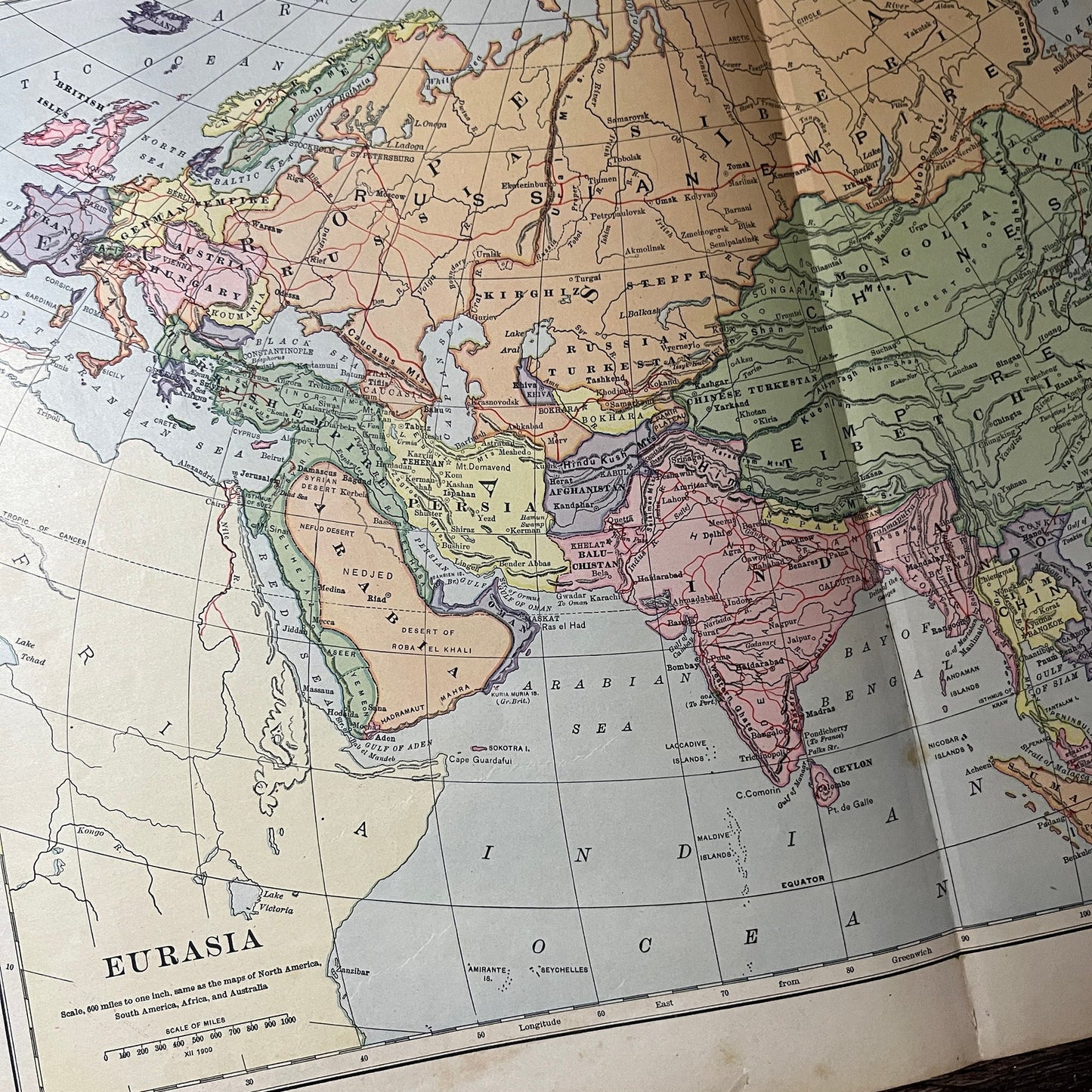 Physical Map of Eurasia 2 Page Fold Out Map 1901 Map V14-1