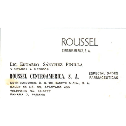 Roussel Centroamerica S.A. Lic. Eduardo Sanchez Pinilla Panama Card SD8-B16