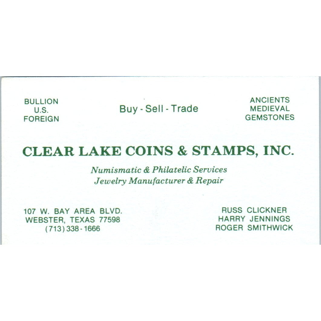BJs Rock & Gem Shop Clear Lake Coins & Stamps Webster TX Business Card SE3-B7
